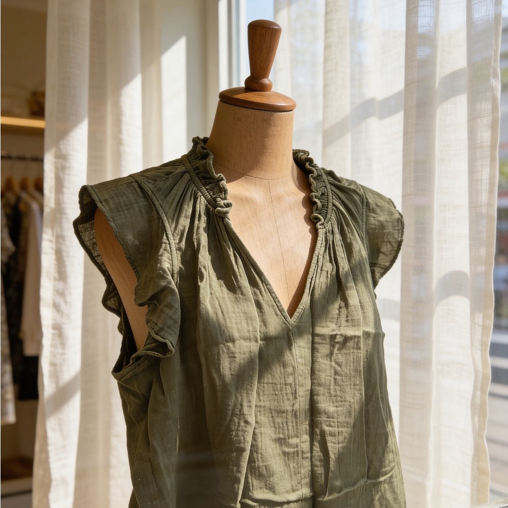 Soft Sleeveless Ruffle V-Neck Shirt in Olive Green